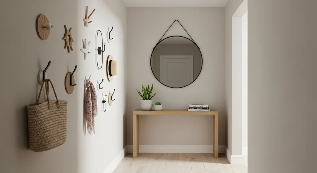 wall hooks small apartment hallway decor ideas