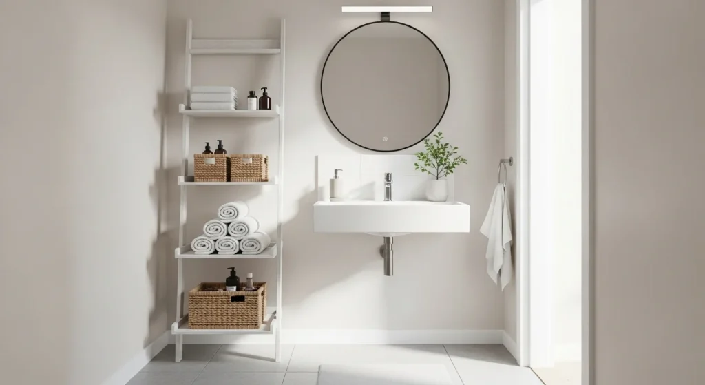 ladder shelf small apartment bathroom shelf ideas
