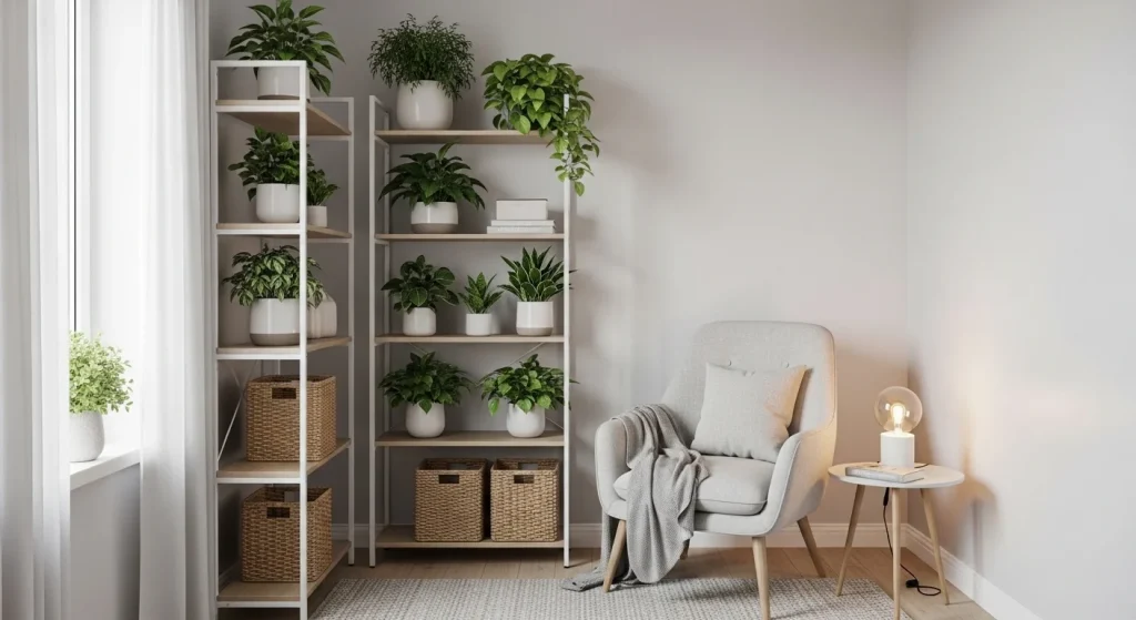 corner shelving storage in small apartment bedroom