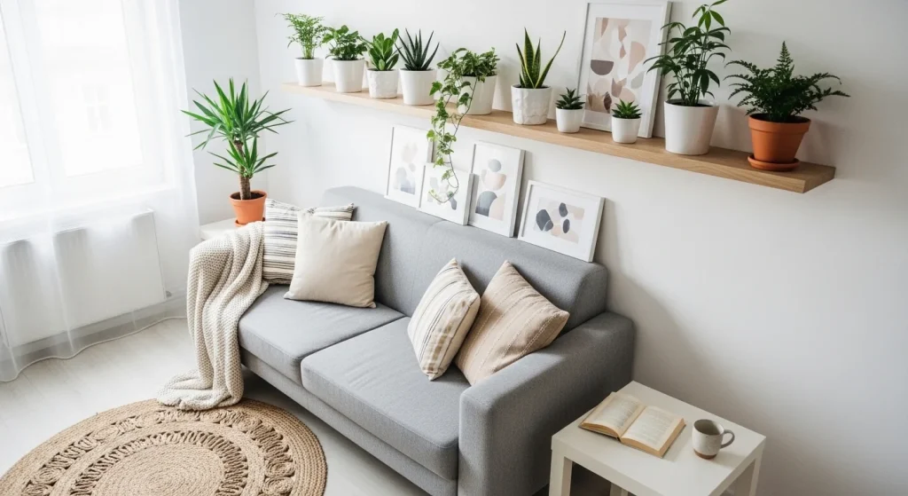 sofa plant shelf small apartment plant decor ideas
