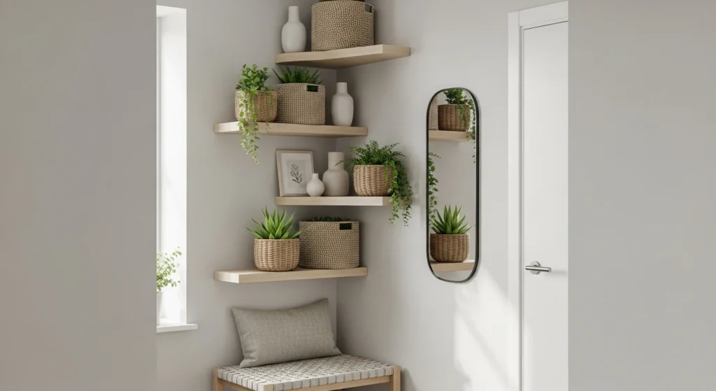 corner floating shelves in small entryway maximizing unused vertical space

