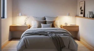 small apartment bedroom with floating nightstands for space saving