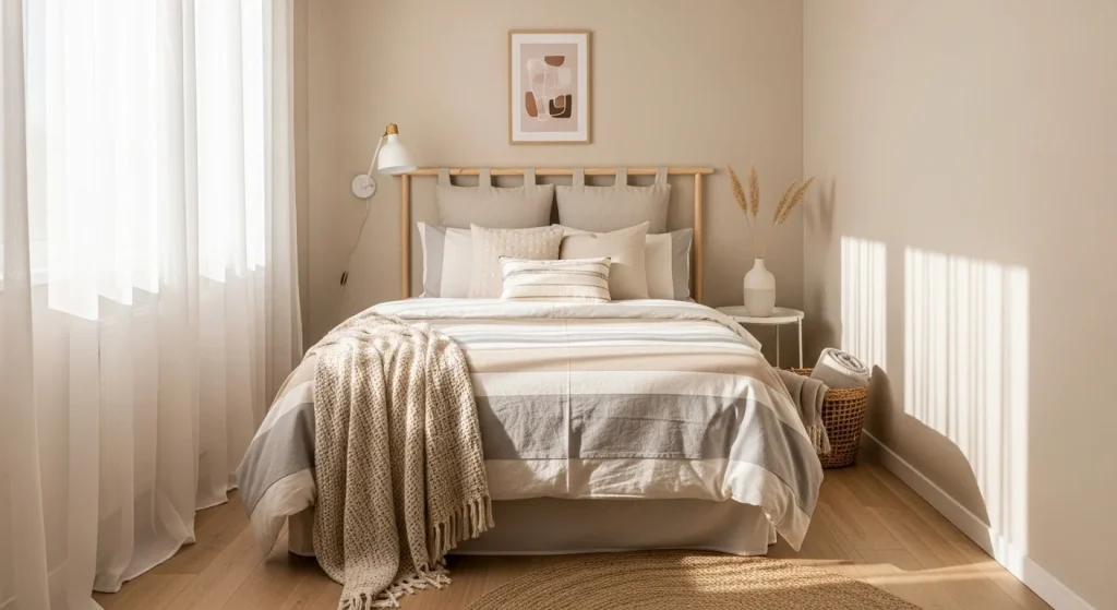 sheer curtain lighting small apartment bedroom idea
