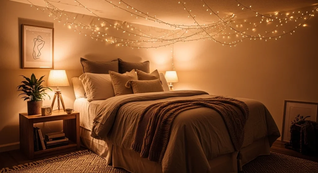 string lights aesthetic small apartment bedroom idea
