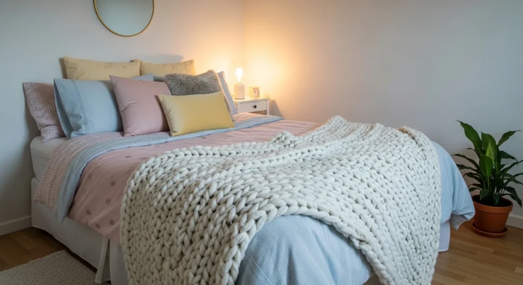  small bedroom with chunky knit blanket