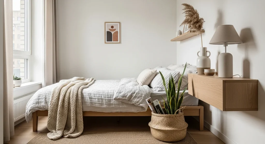 natural textures in minimalist bedroom