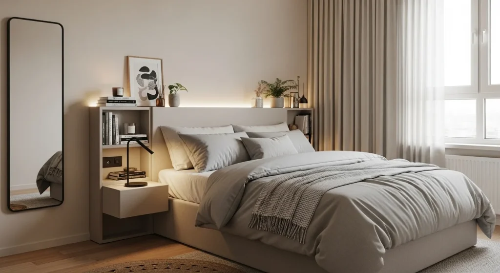 Headboard with built-in shelves for books and decor in a stylish small bedroom