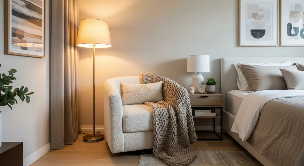 armchair small bedroom reading nook
