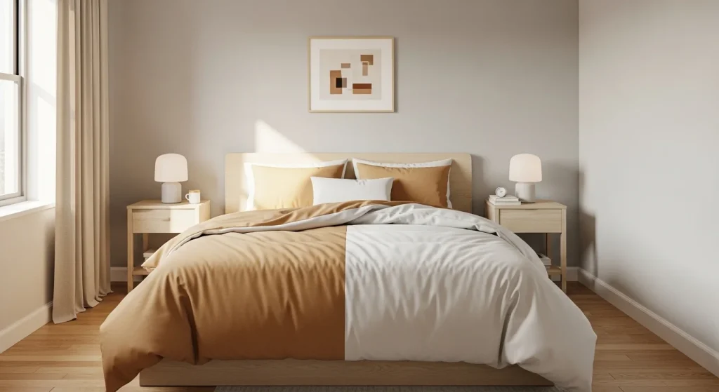 two tone duvet bedding styling in small bedroom
