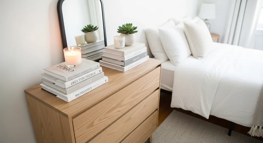 decorative book stack bedroom dresser decor ideas