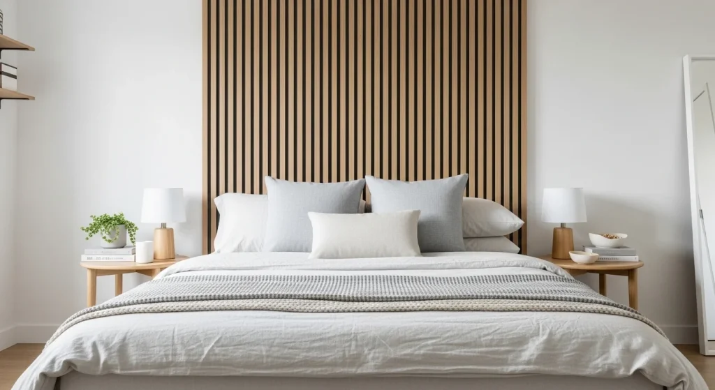 wood slat bedroom accent wall ideas
