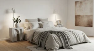 sculptural bedside tables in minimalist small bedroom