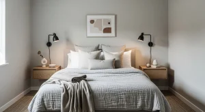  small apartment bedroom with floating nightstands and sconces