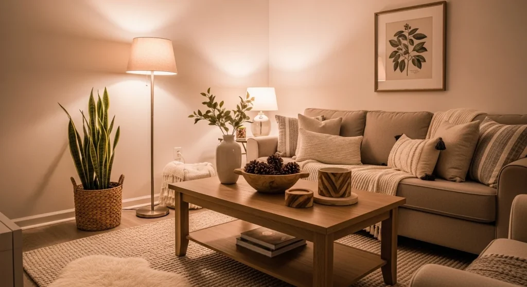 wood accents cozy small apartment living room decor