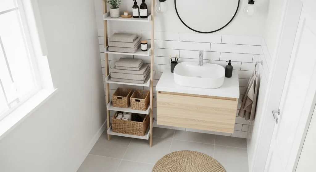 ladder shelf small apartment bathroom storage ideas