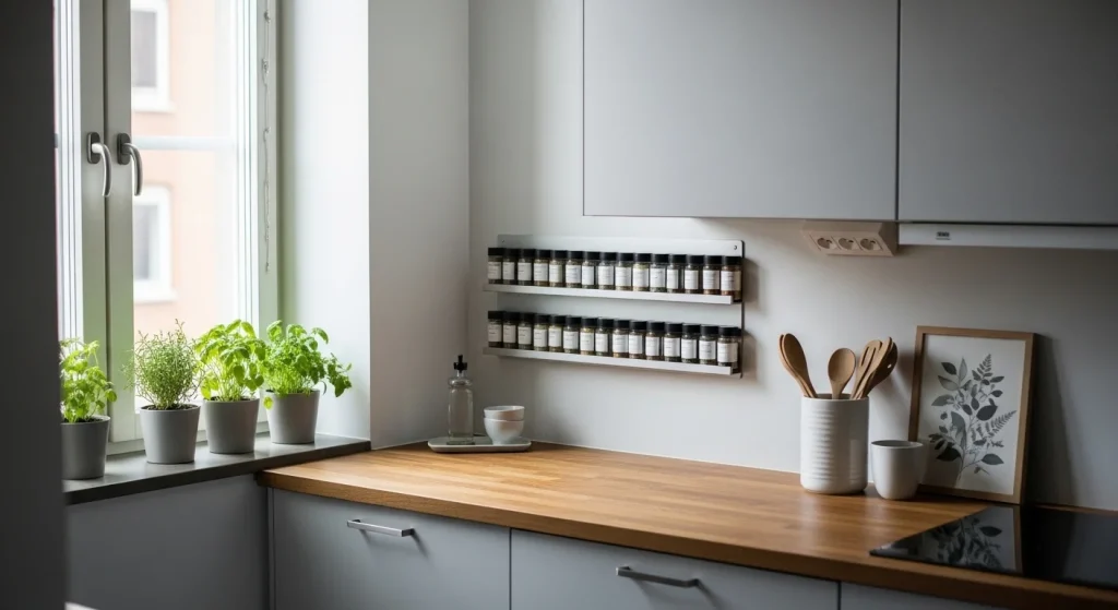 wall spice rack small apartment kitchen organization ideas
