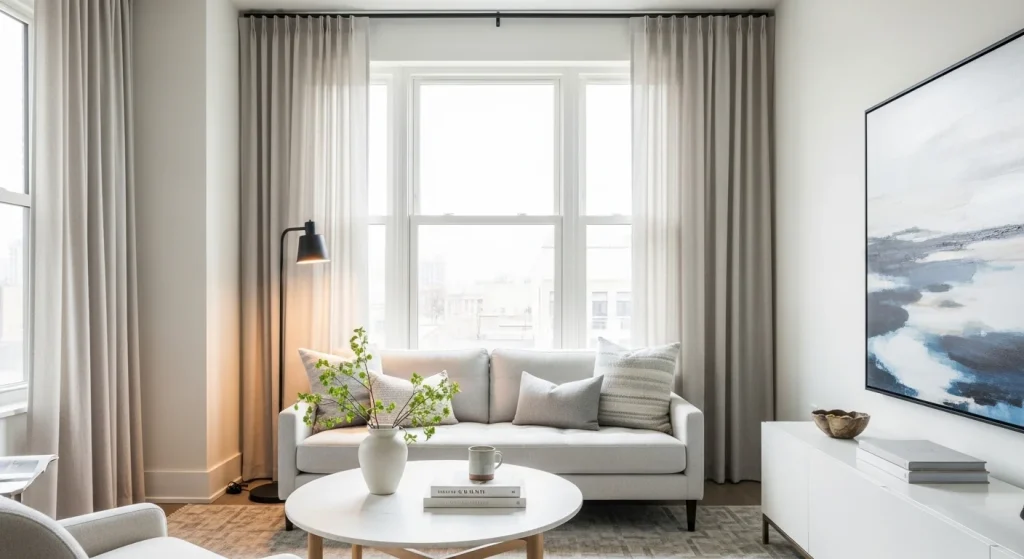 neutral curtains modern small apartment living room ideas