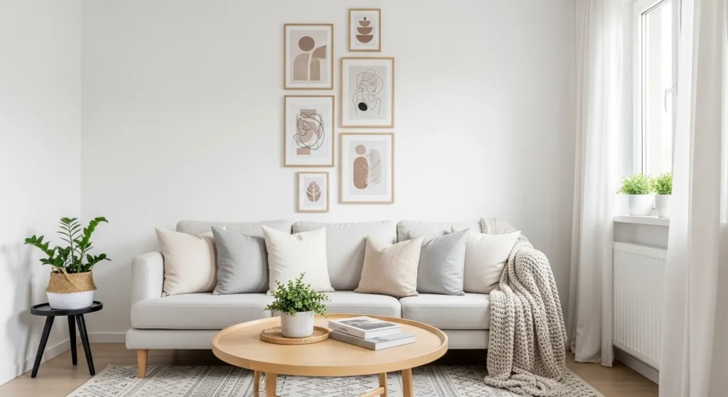 floating shelf gallery small apartment living room wall decor ideas