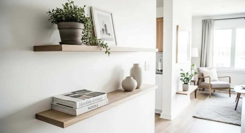 floating shelves minimalist small apartment decor ideas