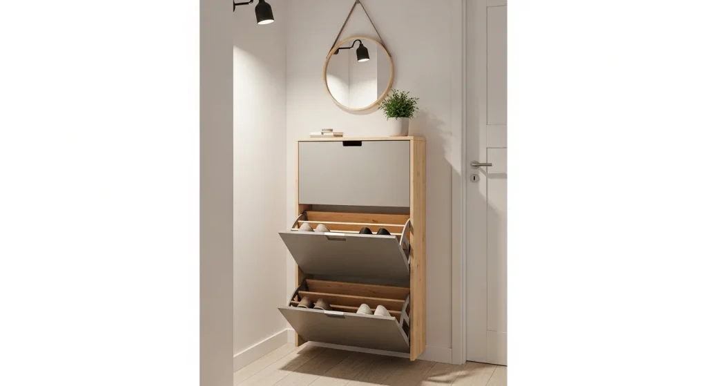 slim vertical shoe cabinet in small apartment entryway saving floor space efficiently