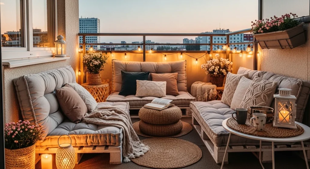 Balcony cushions creating cozy seating space