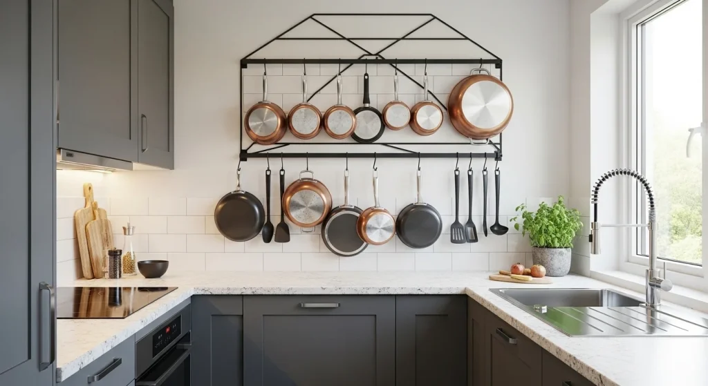 Hanging pots and pans for kitchen storage