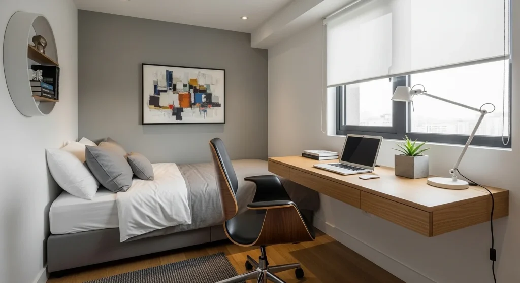 floating desk small apartment bedroom workspace
