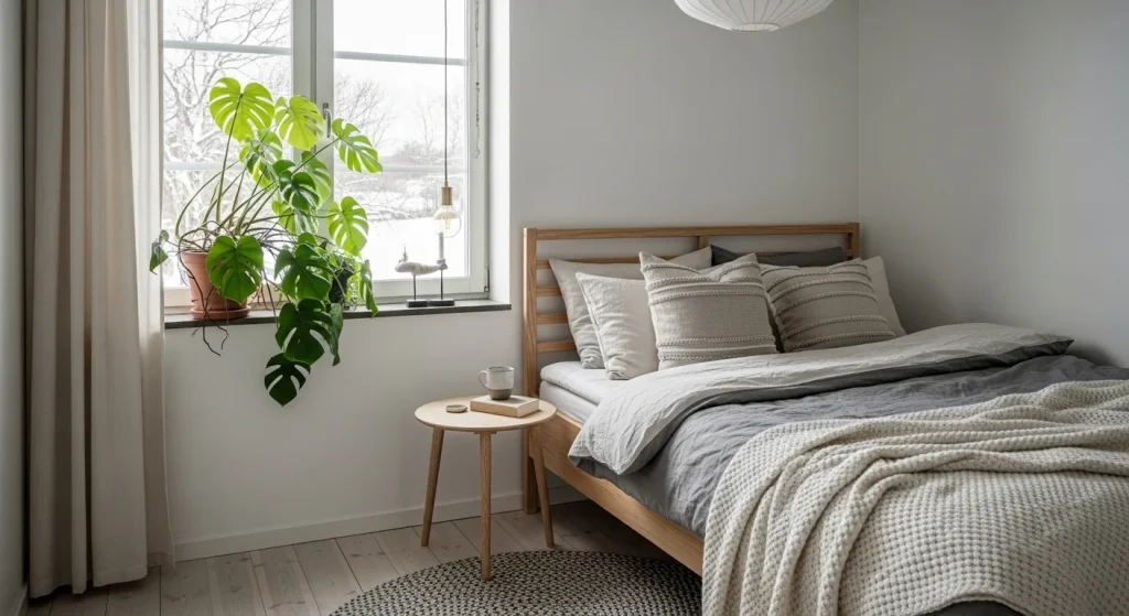 Scandinavian bedroom with indoor plant decor