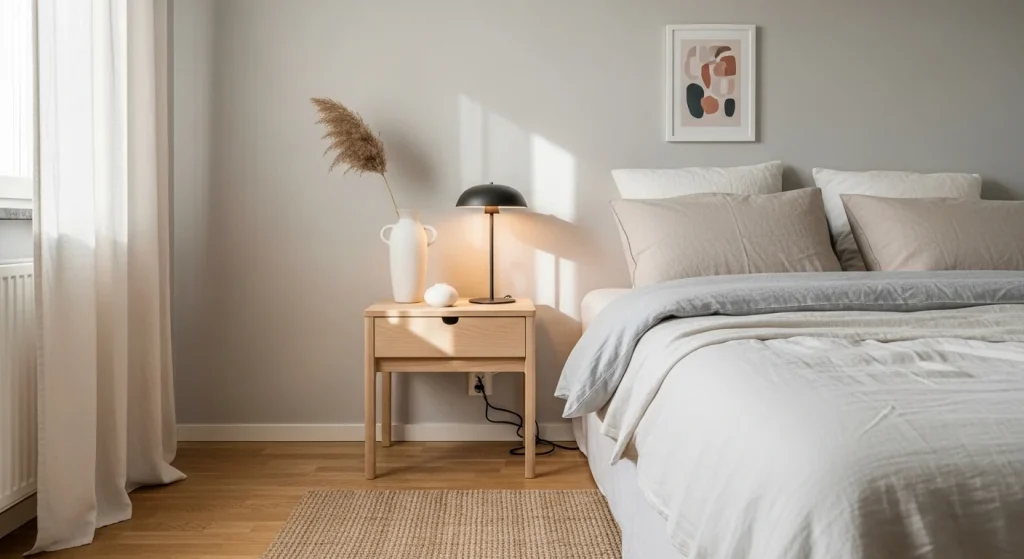 minimalist bedside table decor in small apartment bedroom
