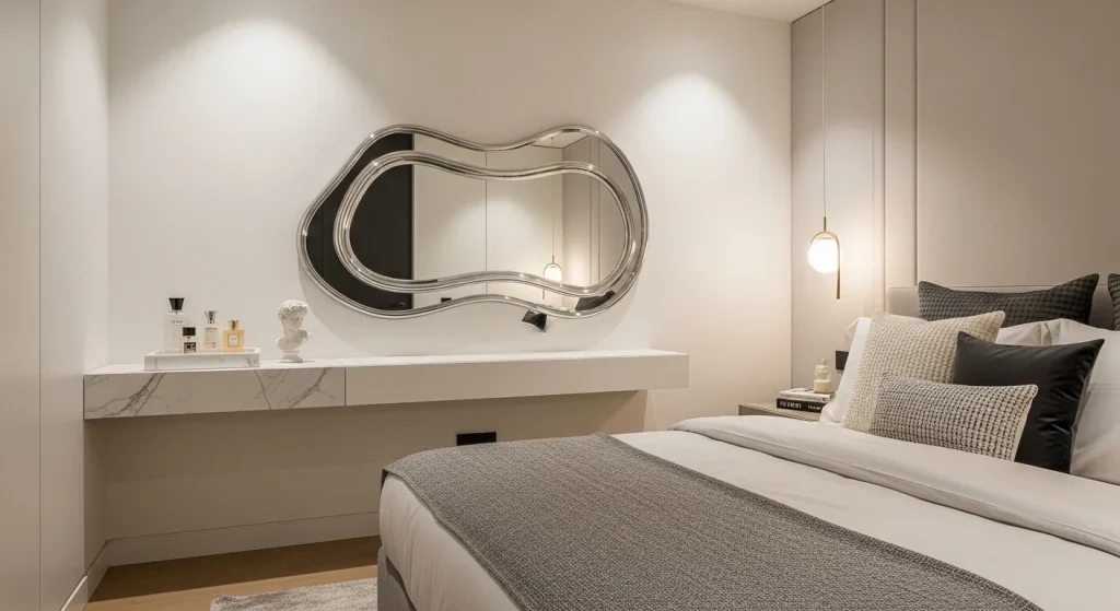 modern luxury bedroom with sculptural mirror
