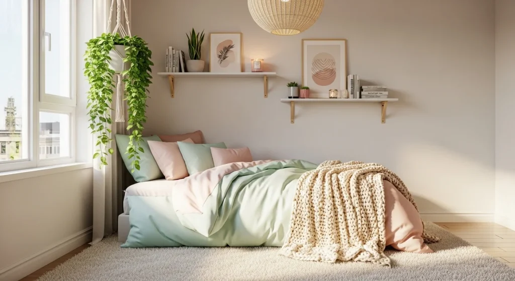 hanging plant decor in cute small bedroom