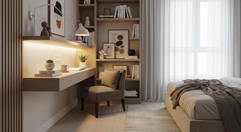 floating shelf small bedroom reading nook