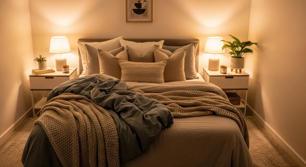 plush pillow styling on small bedroom bed
