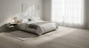 light wood floor minimalist small apartment bedroom