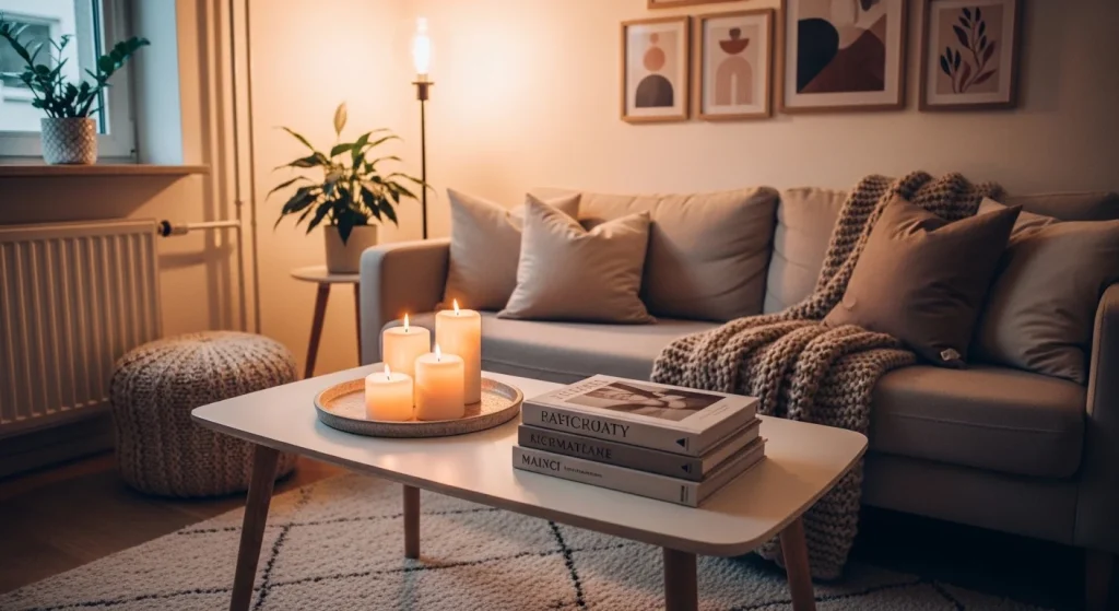 cozy small apartment living room coffee table decor styling