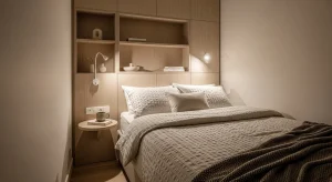  built in wall niche small apartment bedroom storage