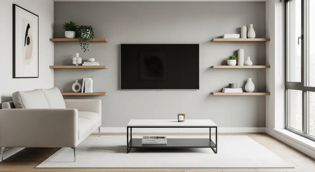  floating shelf tv wall small apartment living room decor ideas
