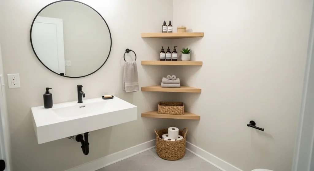 corner shelves small apartment bathroom storage ideas