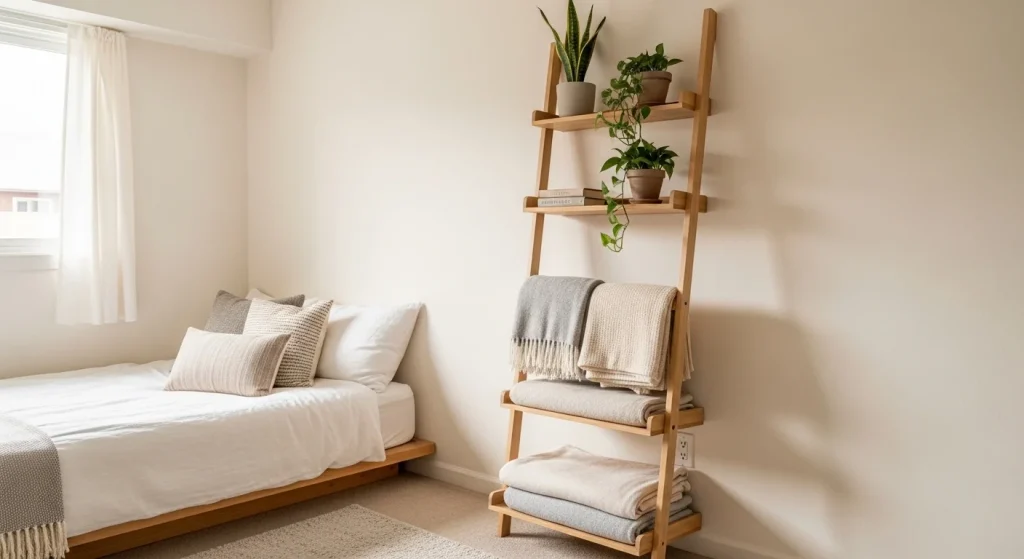 ladder shelf storage in small apartment bedroom
