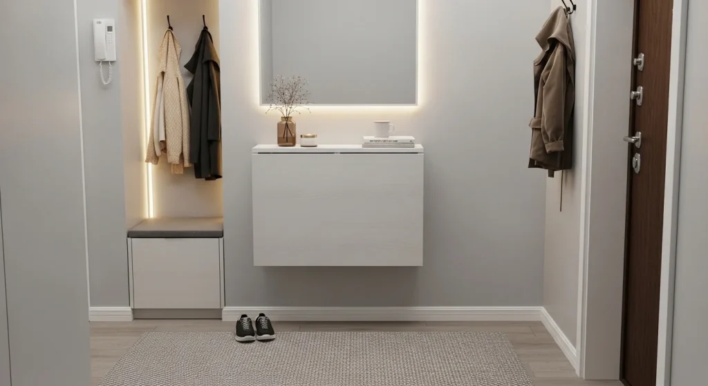  foldable wall mounted table in small entryway providing flexible space saving surface