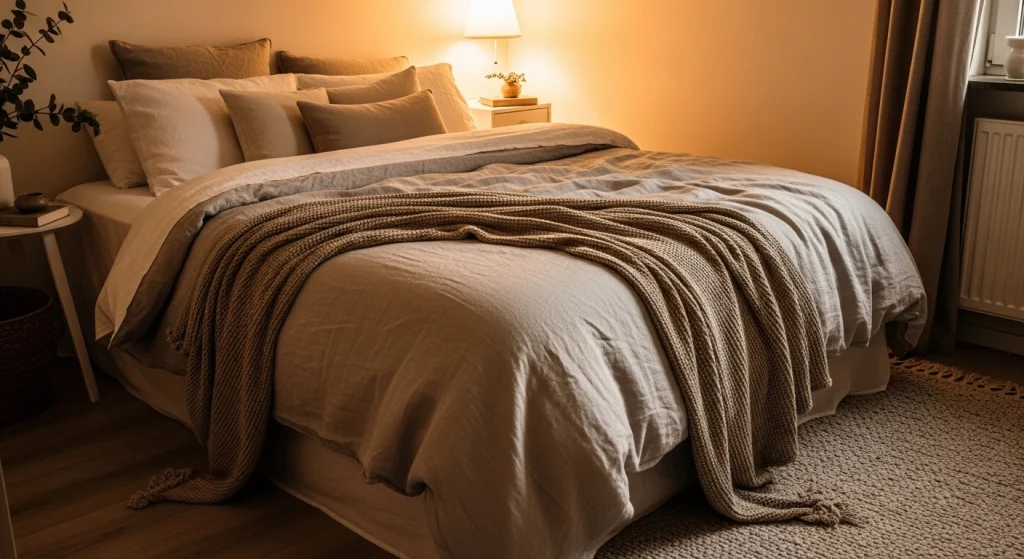 Cozy Small Apartment Bedroom Decor Ideas with layered bedding and warm lighting