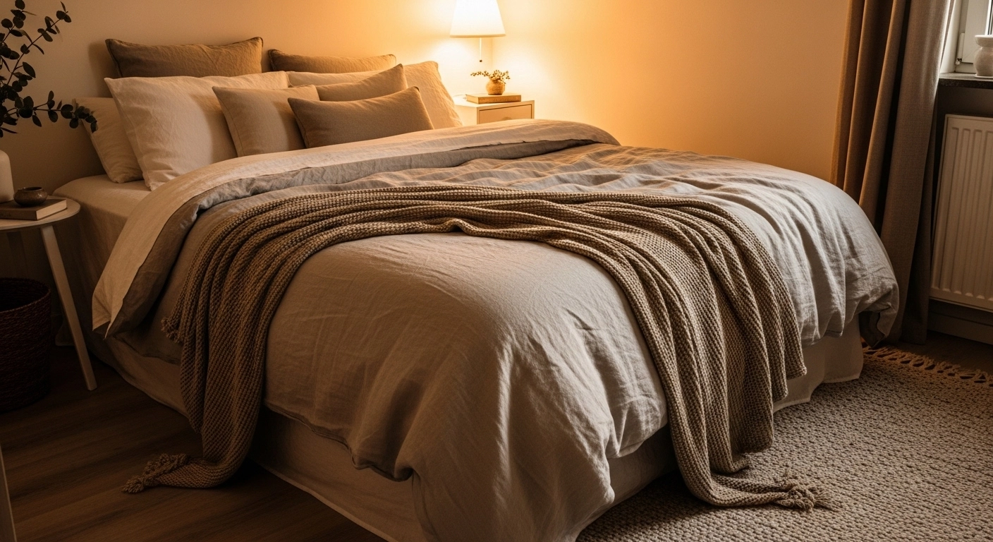 Cozy Small Apartment Bedroom Decor Ideas with layered bedding and warm lighting