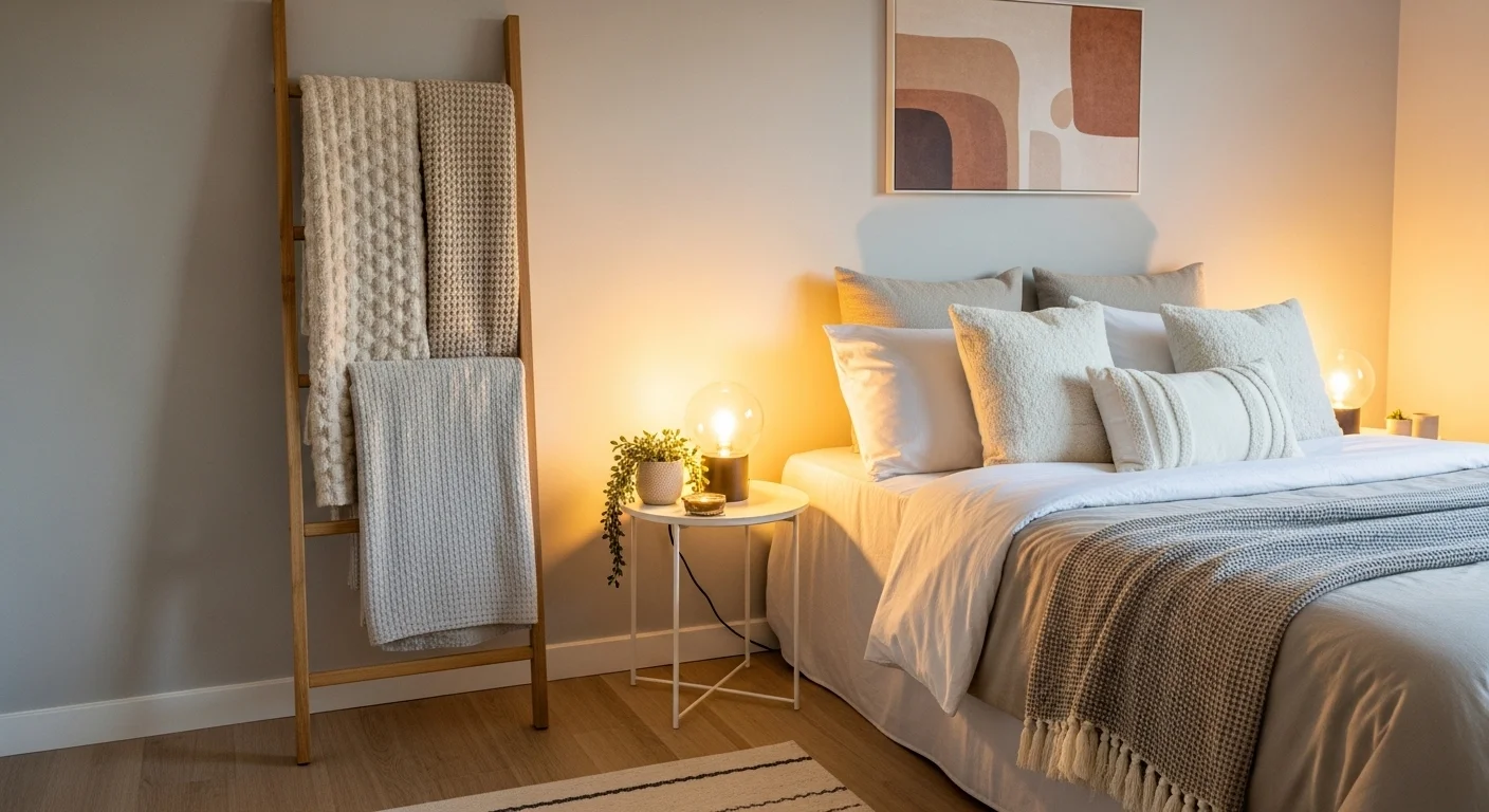 Small Apartment Bedroom Ideas With Stylish Blanket Ladder Decor