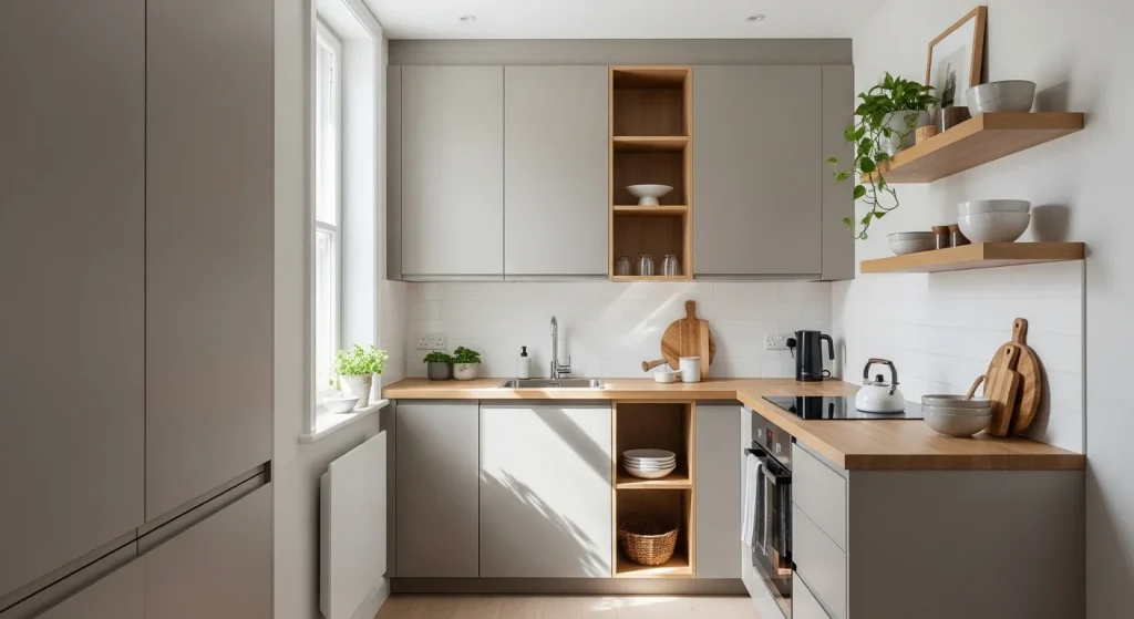 small apartment kitchen ideas with open shelving and neutral decor