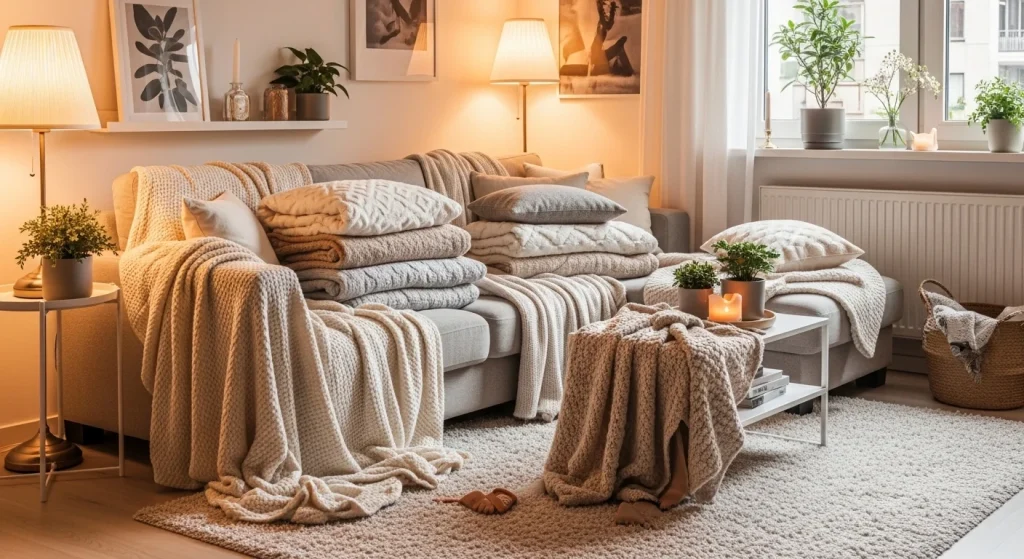 cozy small apartment living room decor ideas with warm lighting and layered throws