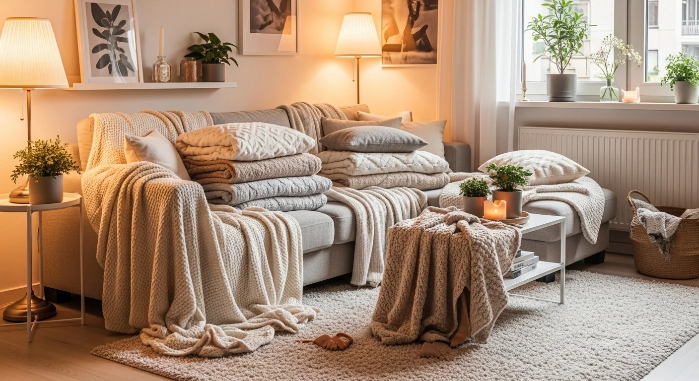 cozy small apartment living room decor ideas with warm lighting and layered throws