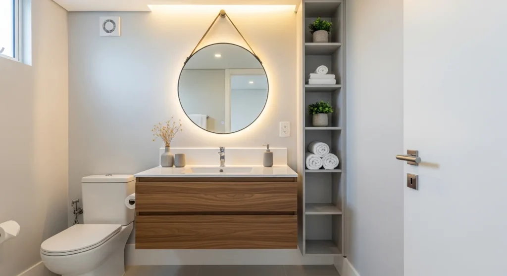 small apartment bathroom ideas with floating vanity and vertical storage