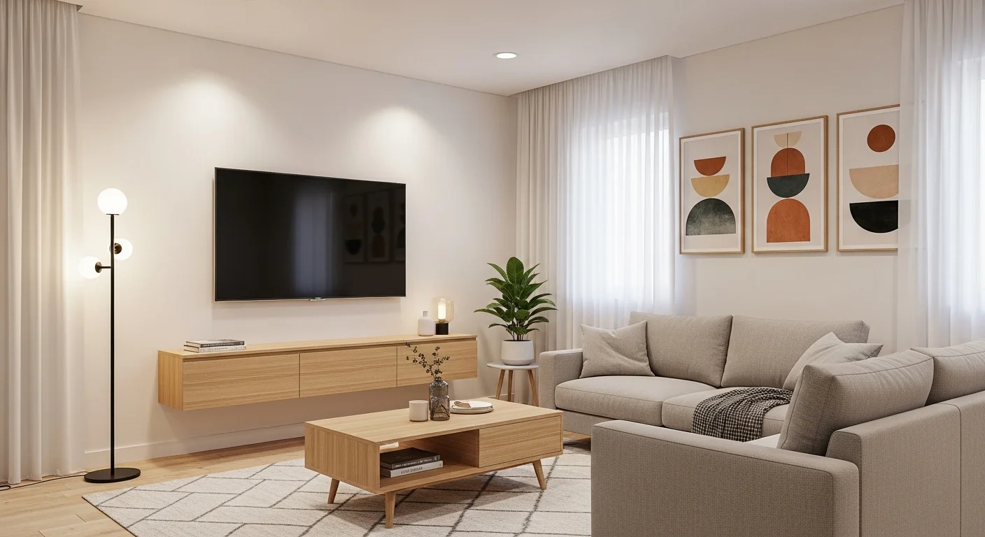 modern small apartment living room decor ideas with neutral palette and minimalist sofa