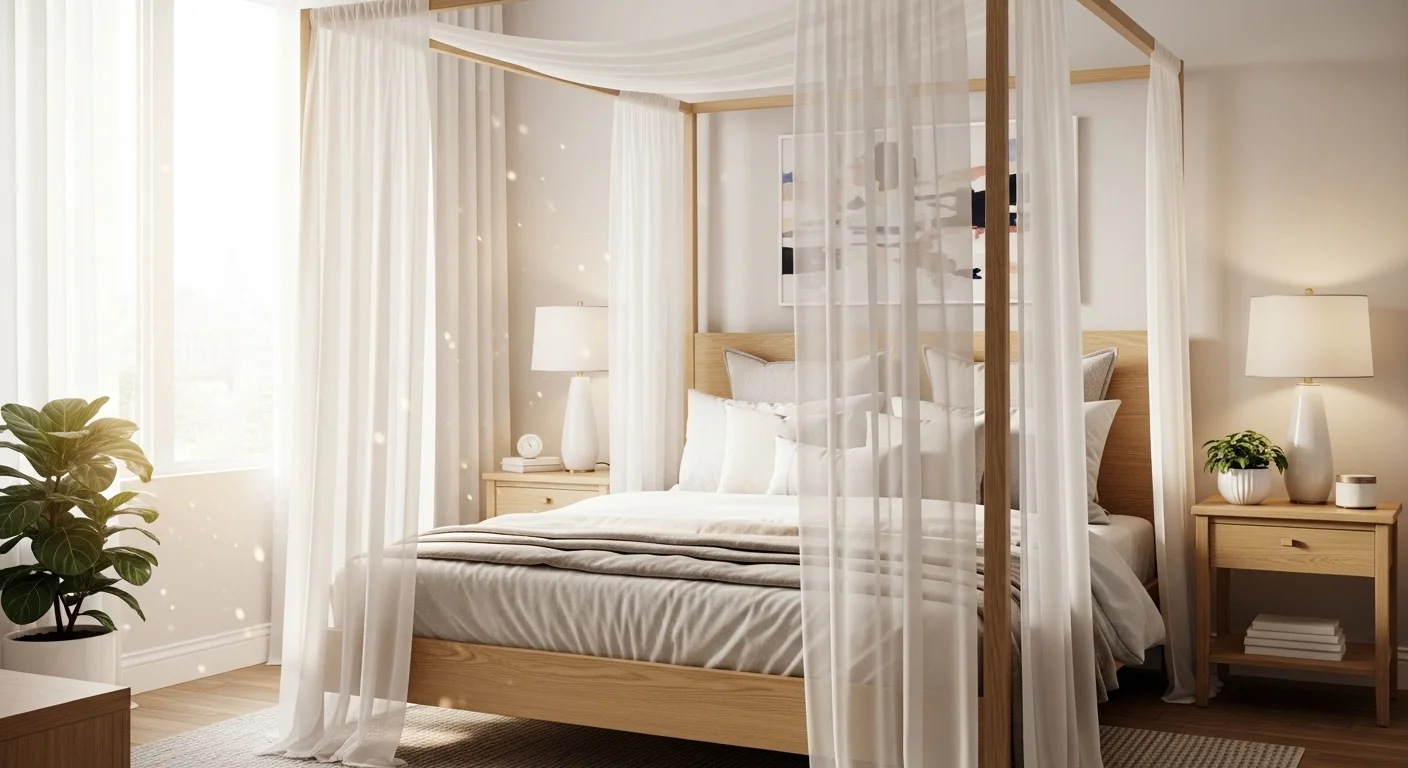 Beautiful canopy bed idea for a small apartment bedroom with sheer white curtains and modern cozy decor