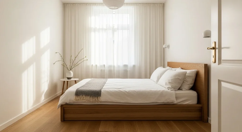 minimalist small apartment bedroom with natural wood and soft neutral tones